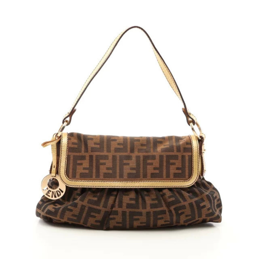 Fendi Zucca Shoulder Bag Canvas Leather Brown Gold Tone